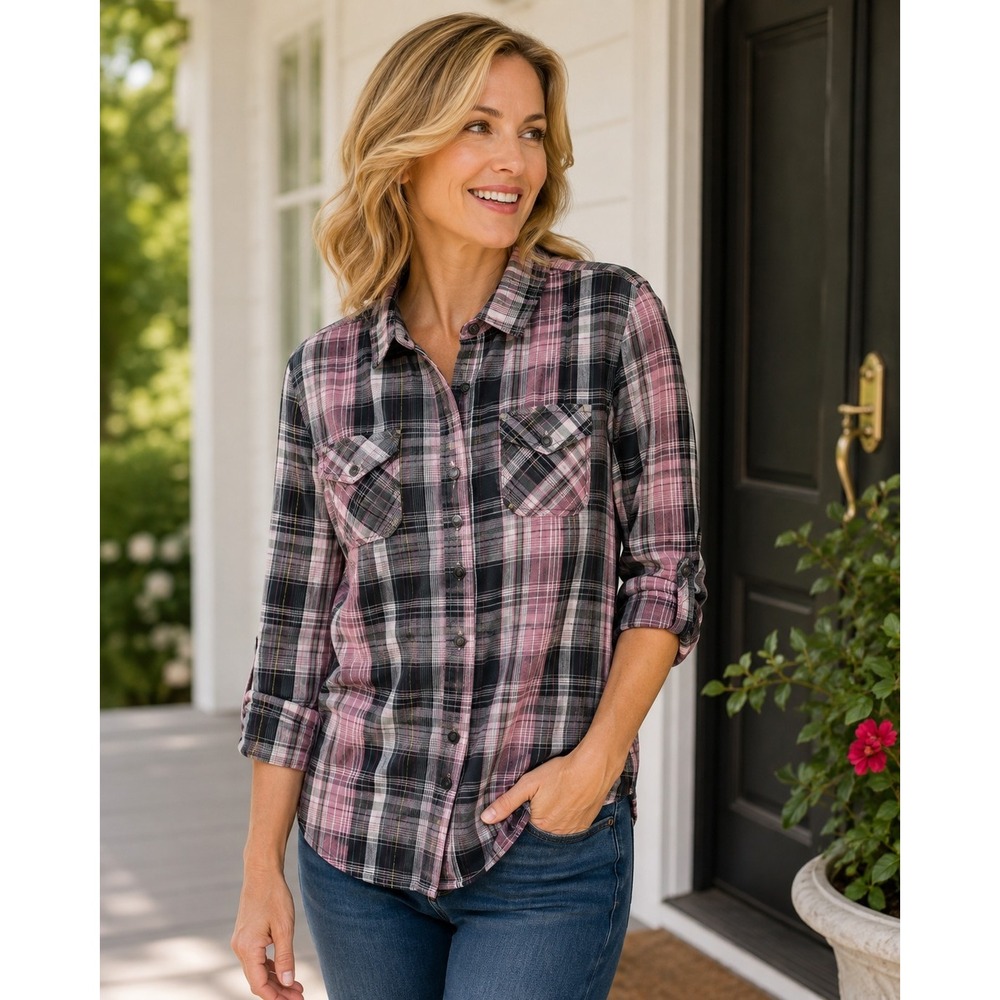 Maurice's Women Large Western Snap Front Plaid Shirt L/S Western Cowgirl Casual